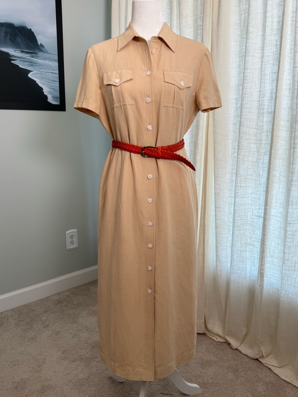Jones New York Linen Silk Ivory Safari Shirt Dress with Braided Belt - Size 6